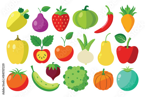 Cartoon fruits and vegetables are colorful and playful as they sit against a plain backdrop
