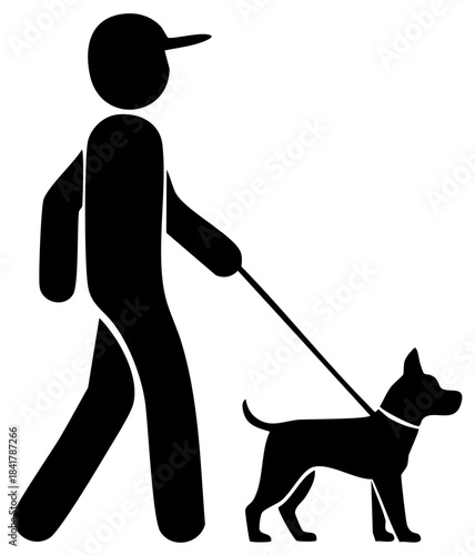 Illustration of Stick Figure Person Walking a Dog on Leash, Simple Graphic Design