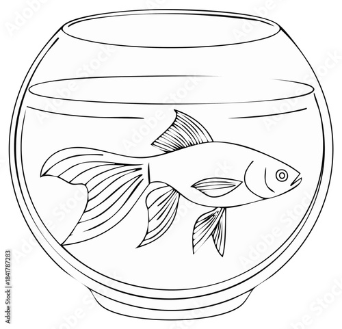 A simple line drawing of a goldfish swimming inside a round glass fishbowl