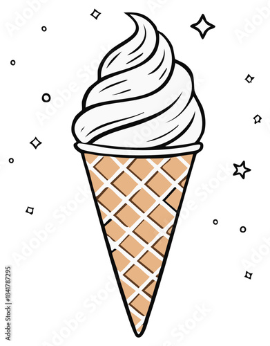 Delicious sweet soft serve vanilla ice cream in classic waffle cone