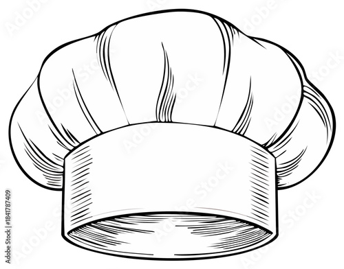 Classic chef hat illustration in elegant black and white line art depicting culinary profession and cooking expertise