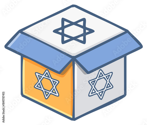 Open Box with Jewish Star Symbols, Jewish Holiday Cartoon Graphic