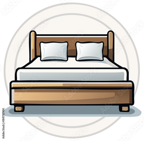 Stylized illustration of cozy wooden bed with white linens and pillows, inviting and comfortable bedroom furniture