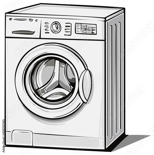 Front-loading washing machine with open door and controls, black and white line drawing.