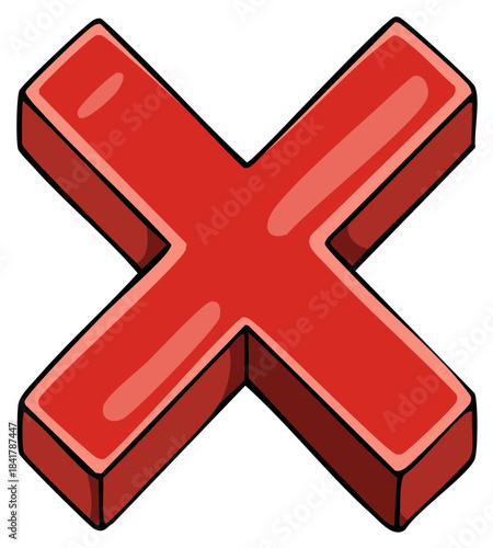 Isometric view of a red cross symbol, bold graphic, reject, no, warning, cancel icon