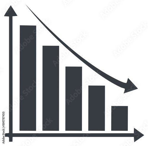Bar chart showing a sharp downward trend and decreasing data points with a trending arrow