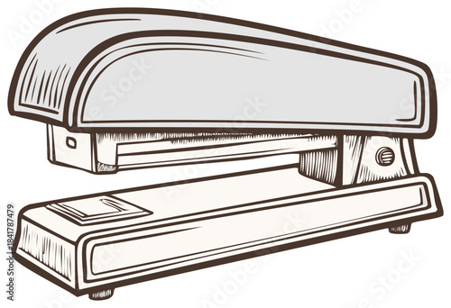 An office stapler illustrated in a classic vintage engraved style. Retro desktop stationery tool isolated.