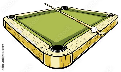 Cartoon illustration of a green pool table with cue and cue ball.