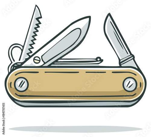 Versatile multi-tool pocket knife illustration with saw scissors and blade for outdoor utility