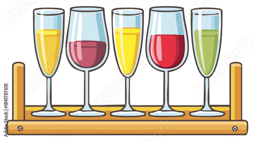 Colorful assortment of wine glasses filled with different beverages