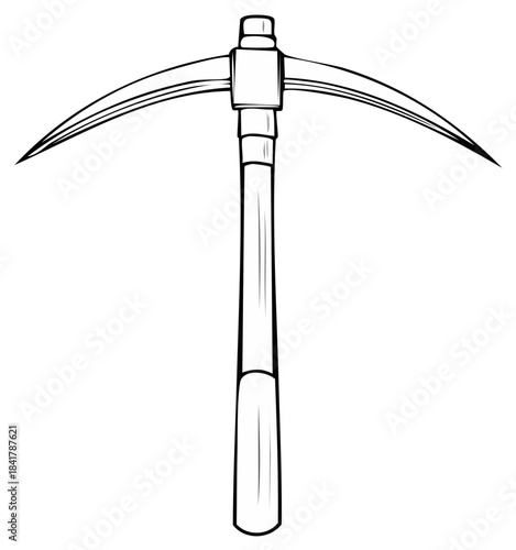 Classic pickaxe mining and digging tool in a clean black and white line art illustration