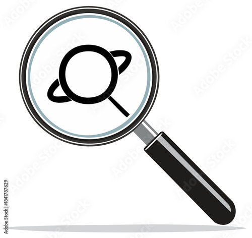 Planet search icon with a magnifying glass representing space exploration and astronomical discovery