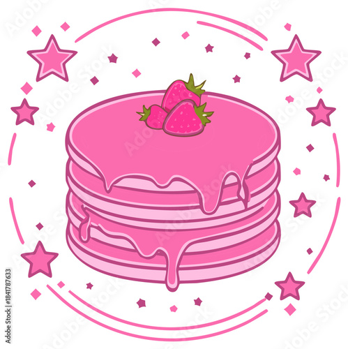 Stack of Pink Pancakes Drizzled with Syrup and Topped with Fresh Strawberries Surrounded by Stars and Arcs
