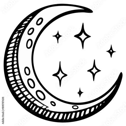 Hand drawn crescent moon and sparkling stars celestial doodle illustration