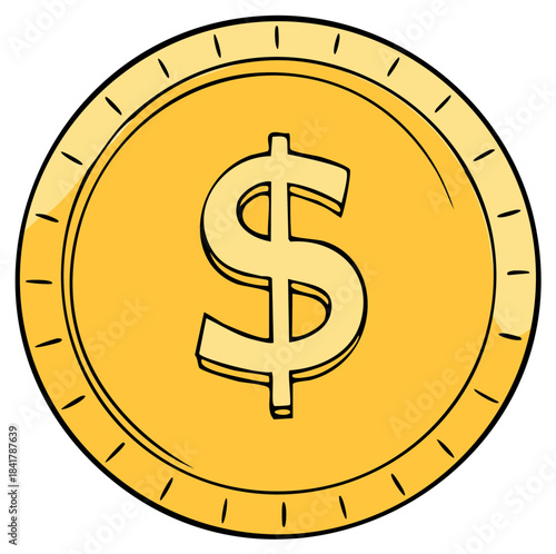 Cartoon drawing of a golden dollar coin with dollar sign representing money currency and wealth