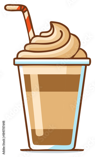 Layered iced coffee drink in a to go cup with whipped cream and a striped straw vector illustration