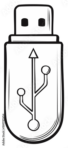 Clean line drawing illustration of a USB flash drive with its iconic symbol inside