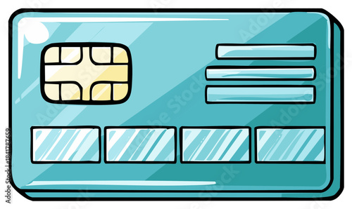 Cartoon style illustration of a credit card with chip and blank lines for text