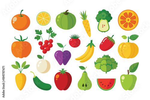 Colorful assortment of fresh cartoon fruits and vegetables are seen against a white background