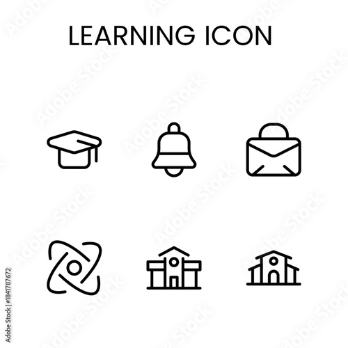Learning icon set including study materials, books, digital learning tools and academic elements ideal for e-learning platforms, branding, apps and UI projects.