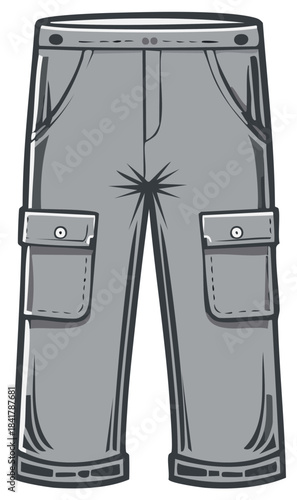 Cartoonish pair of Gray Cargo Pants with pockets and button detail in simple drawing illustration