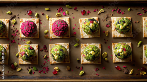 Top view of gourmet appetizers with cheese balls on crackers. Green herb and pink beetroot snacks on a rustic tray. Festive party food flat lay