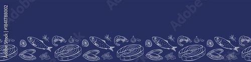 Mediterranean seafood seamless border frame with fish, sardines, shrimp, lemon, mussel, olive and herb elements in elegant nautical line art. Perfect for menu design, packaging, culinary projects.