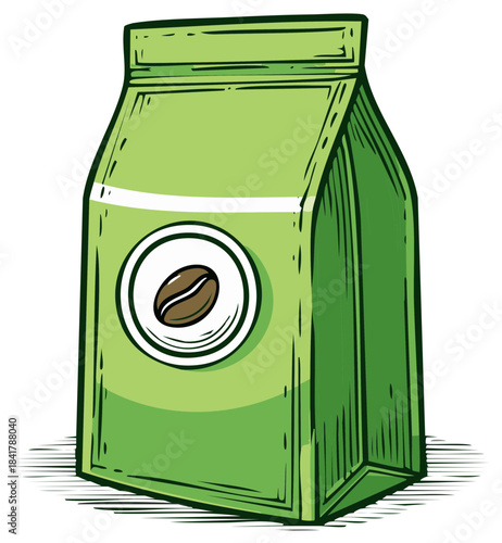 Green bag with coffee bean logo illustration