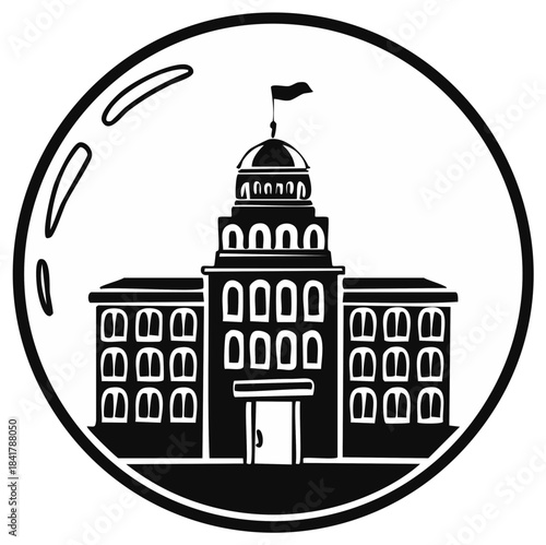 Classic government building with a dome and flag vector icon inside a circle or bubble