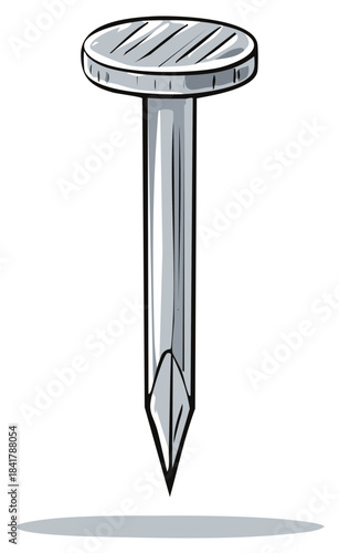 Illustration of a silver nail with sharp point, metal nail for construction, home improvement, and fastening objects together