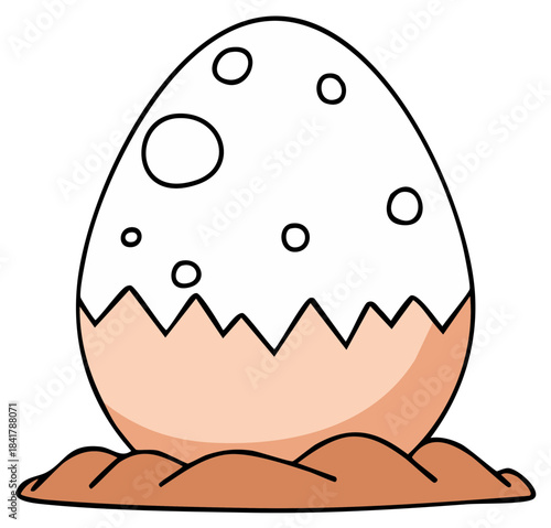 Cartoon dinosaur egg with spots hatching in the dirt illustration