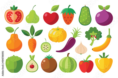Cartoon fruits and vegetables arrangement displays an array of colorful and healthy whole foods