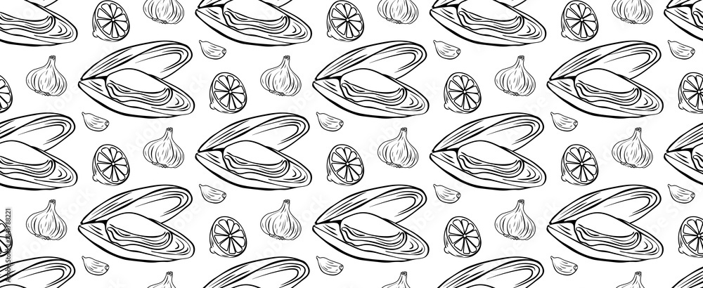 Fototapeta premium Seamless Hand drawn mussel and lemon pattern also designed for eco-friendly kraft packaging. Black-white Drawing ink. Mediterranean seafood motif fornatural food products, modern culinary design.