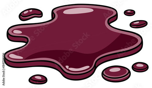 Glossy dark red liquid spill illustration with irregular blob shape and separate droplets