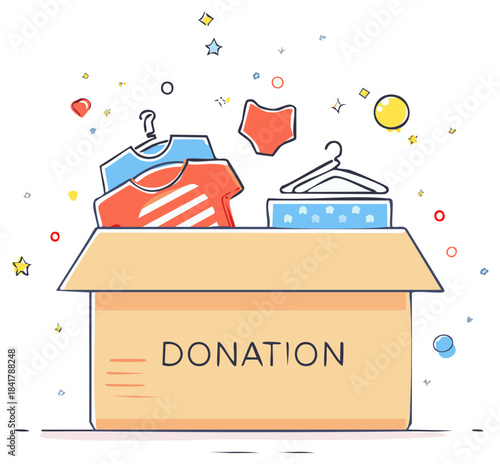 Clothes donation concept with apparel items inside a box cartoon style illustration