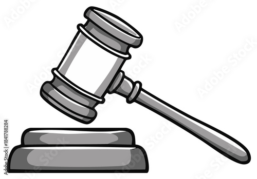 Grey cartoon gavel striking sound block, representing justice, law, and auction decisions.