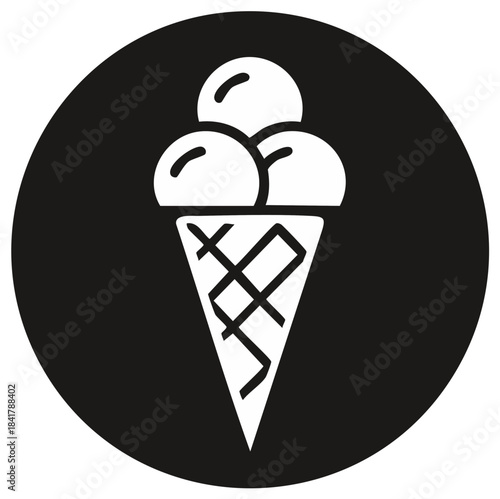 Simple white ice cream cone with three scoops inside a black circle icon