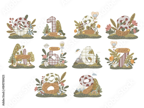 Cute boho alphabet and numbers set with wood texture. Hand drawn vector scandi letters, flowers and baby elements for nursery decor, educational posters, or shower invitations.