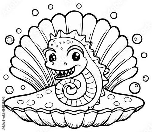 Adorable cartoon seahorse peeking out of a large open seashell surrounded by bubbles