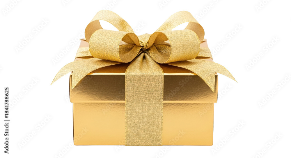 Obraz premium Gold gift box with large textured ribbon bow against transparent background