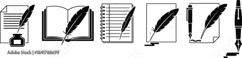 Quill Pen, Fountain Pen, and Paper Document Vector Icon Set; Open Book, Inkwell, Contract, and Notepad Symbols for Literature, Authorship, Education, and Legal Documents.