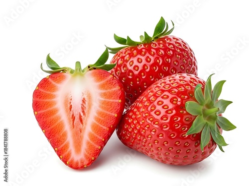 Fresh Strawberries One Cut in Half Isolated on White Background.