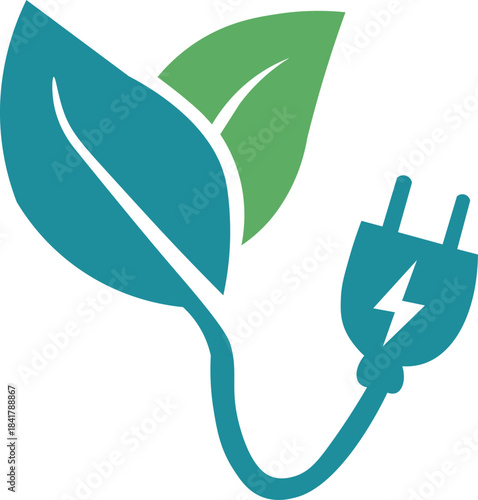 green energy leaf and electrical plug icon with lightning bolt renewable power symbol isolated on white background.