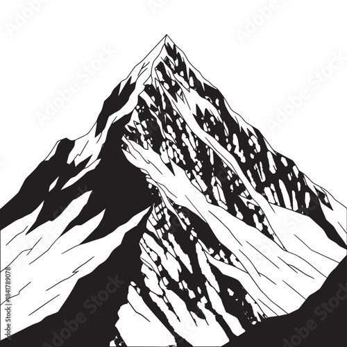 Monochrome alpine mountain peak with snow and rugged ridges in dramatic landscape.