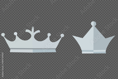 Set of two silver crown illustrations in flat design representing royalty authority and prestige isolated on a transparent background perfect for design elements