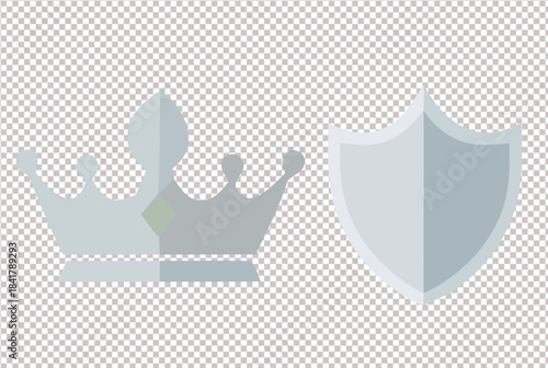 Silver crown and shield illustrations in flat design representing protection strength royalty and medieval themes isolated on a transparent background ideal for gaming