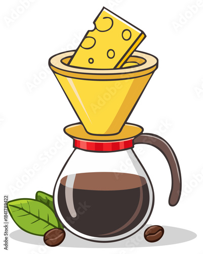 Whimsical Cheese Coffee Blend Illustration Featuring Pour Over with Bean Accent