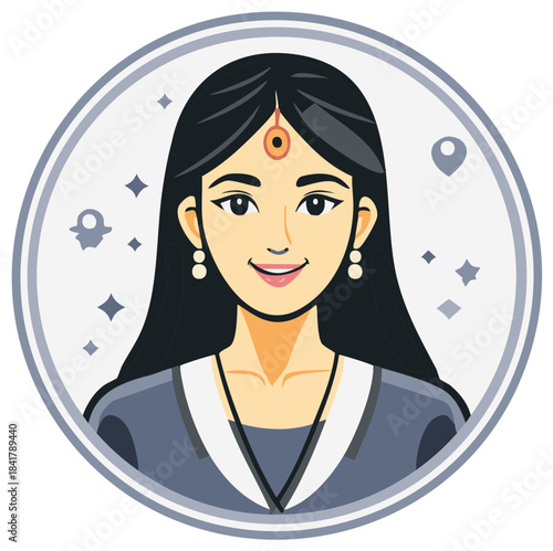 Smiling young Indian woman avatar with bindi and earrings flat cartoon illustration