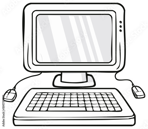 Old retro desktop computer setup with CRT monitor and keyboard cartoon line art
