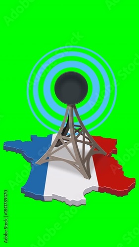 3D render of a broadcast antenna on a map of France with flag colors. Green screen background (chroma key) with alpha channel. Loopable video.